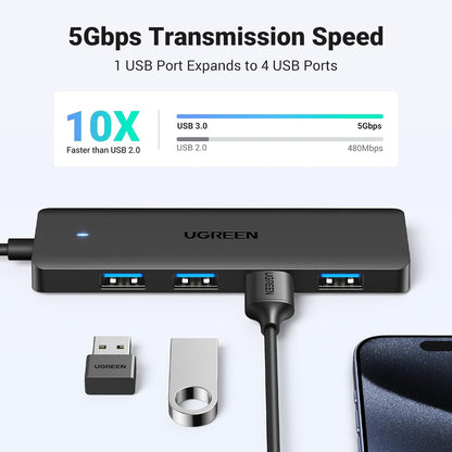 UGREEN USB Hub 3.0, 4 Ports USB A Splitter Ultra Slim Expander for Mouse, Keyboard, Flash Drive, U Disk, Printer Compatible with Laptop, Desktop PC, Xbox, PS5, Mouse, Keyboard and More, 0.5ft