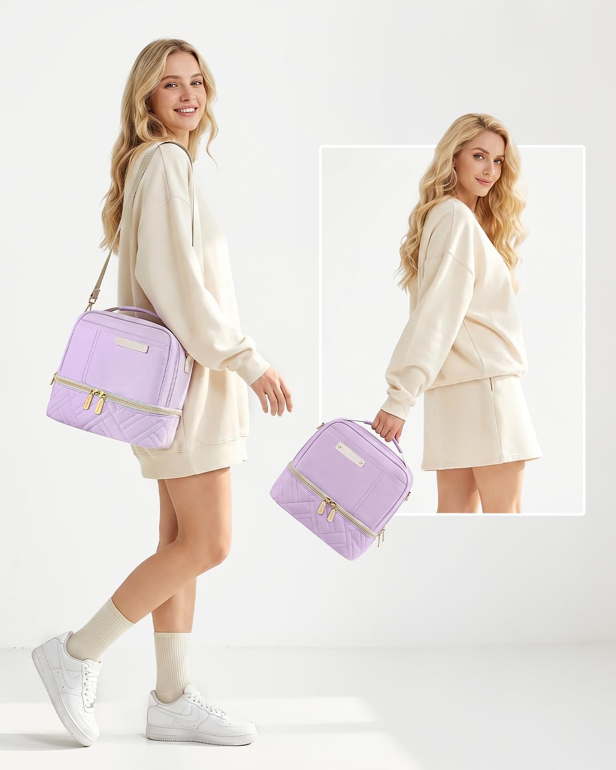 Lunch Box Bag Women Girls - Double Deck Vegan Leather Insulated Waterproof Leakproof Cooler for Work Travel Picnics - Back to School Teacher Mothers Day Christmas Birthday Gifts (Purple, Medium 10L)