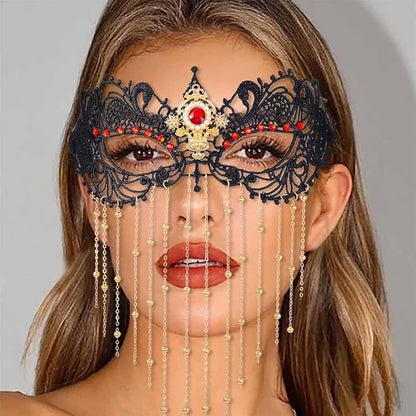 Obmyec Masquerade Lace Mask Costume Eye Mask Tassels Face Masks Rhinestone Black Mask for Women and Girls