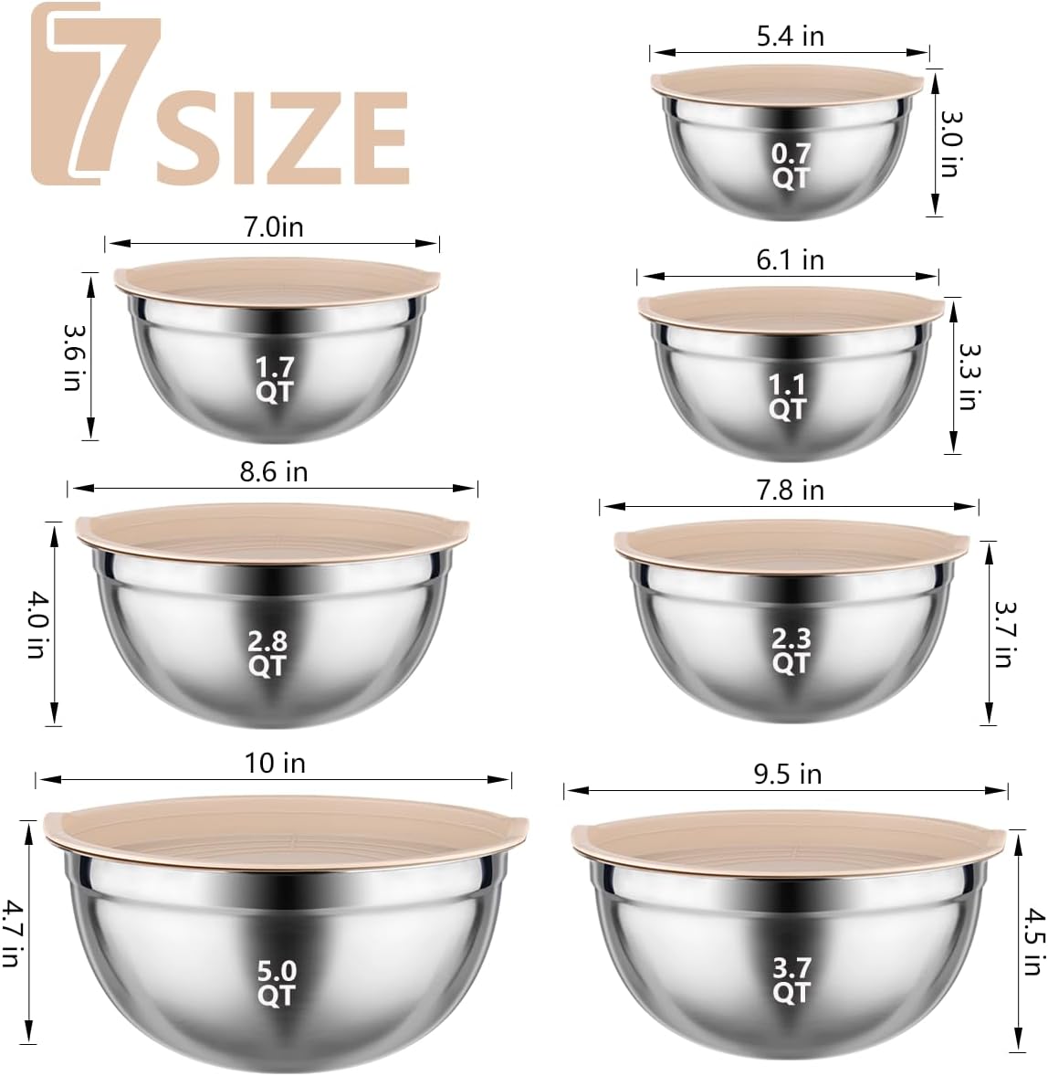 Mixing Bowls with Lids Set - 25 PCS Stainless Steel Nesting Khaki Mixing Bowls Set for Baking,Mixing,Serving & Prepping,Size 5, 3.7, 2.8, 2.3, 1.7, 1.1, 0.7QT,11 Cooking Utensils