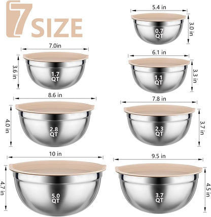 Mixing Bowls with Lids Set - 25 PCS Stainless Steel Nesting Khaki Mixing Bowls Set for Baking,Mixing,Serving & Prepping,Size 5, 3.7, 2.8, 2.3, 1.7, 1.1, 0.7QT,11 Cooking Utensils