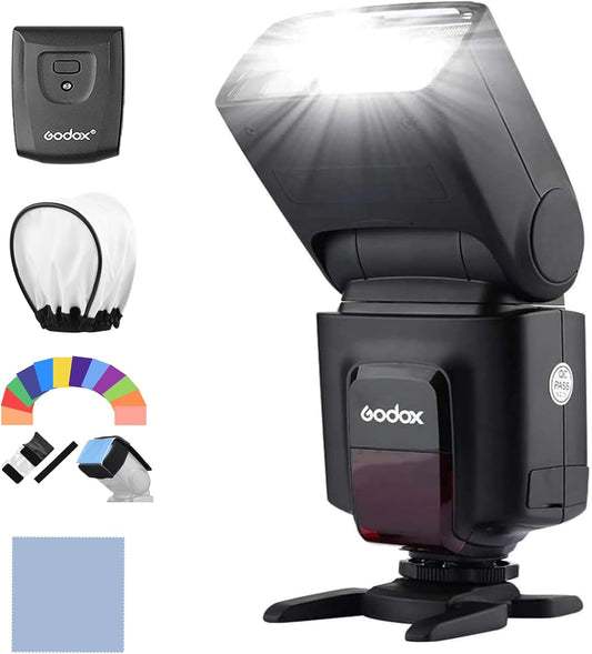 Godox Camera Flash Speedlite with 2.4G Wireless Trigger + 12 * Flash Gels + Diffuser 1/20000S Recycle Time 3 Modes Compatible with Canon Sony Nikon Fujifilm Olympus Cameras with Hot Shoe Mount