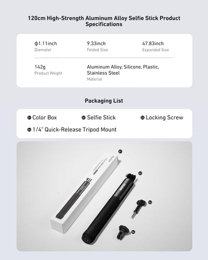 TELESIN 47" Extension Selfie Stick, Portable Smooth Handheld Invisible Monopod Pole for GoPro Hero 13 12 11 10 9/Insta360 X5 X4/DJI Osmo Pocket/AKASO Vlog Selfie Stick, Action Camera Accessories
