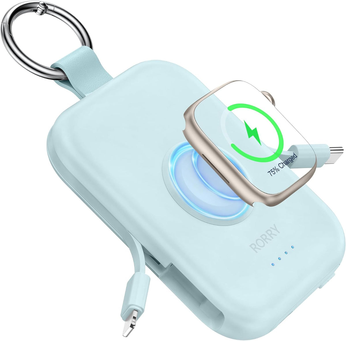 RORRY CharmGo Portable Charger, 5000mAh Portable Charger Power Bank with Built-in Cables, Travel Keychain Battery Pack for Apple Watch Ultra 3/2/10/9/8/Ultra/7/6/SE, iPhone 17/16/15, Blue