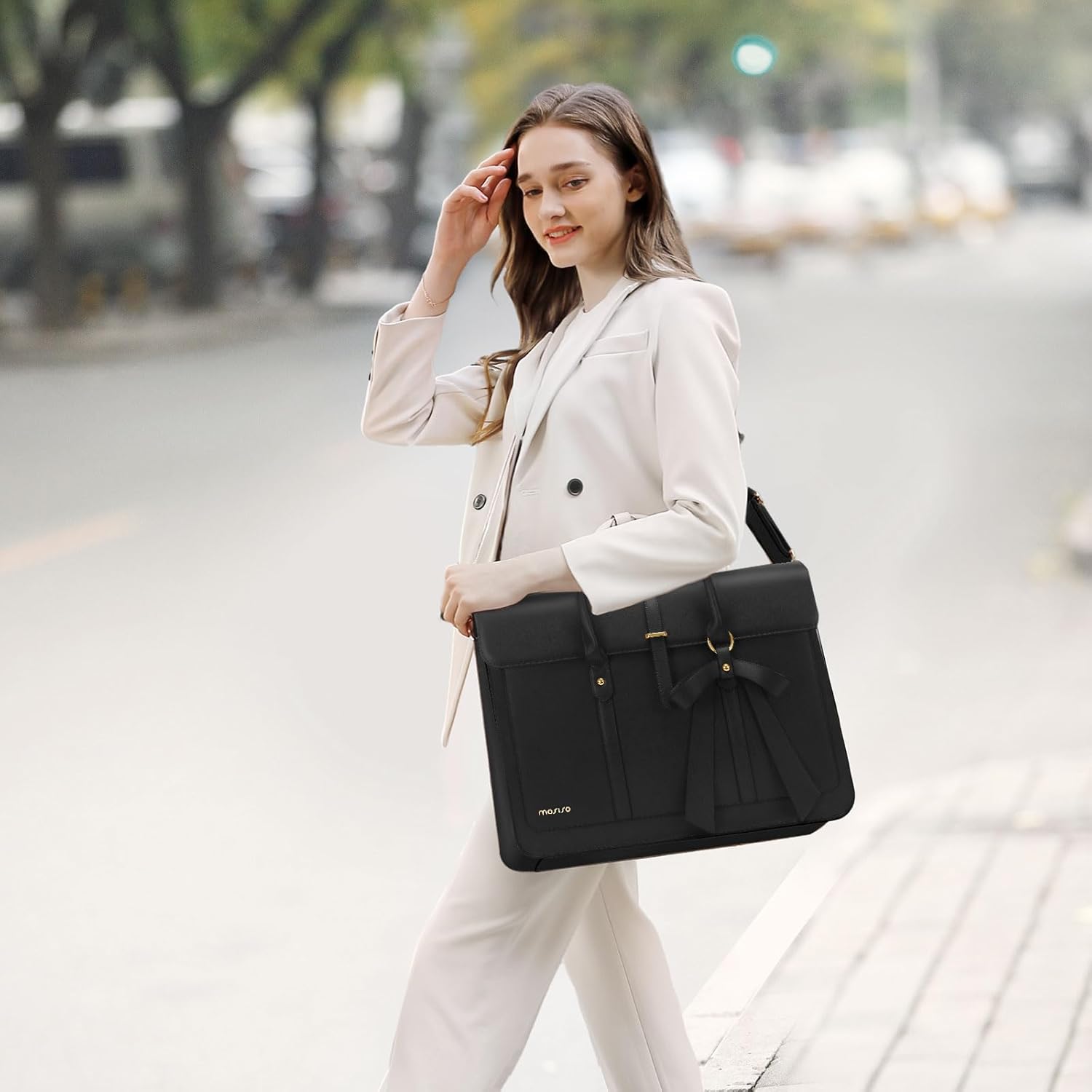 MOSISO Laptop Bag for Women, PU Leather Laptop Shoulder Bag Convertible Backpack, Work Travel Computer Bag with Bowknot - PuriLite