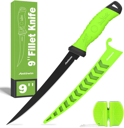 8 Inch Fishing Fillet Knife, Professional Level Knives for Filleting Fish and Boning Meat, Sharp Stainless-Steel Non-Stick Coating Blade, Non-Slip Handles, with 1 Two Stage Knife Sharpener