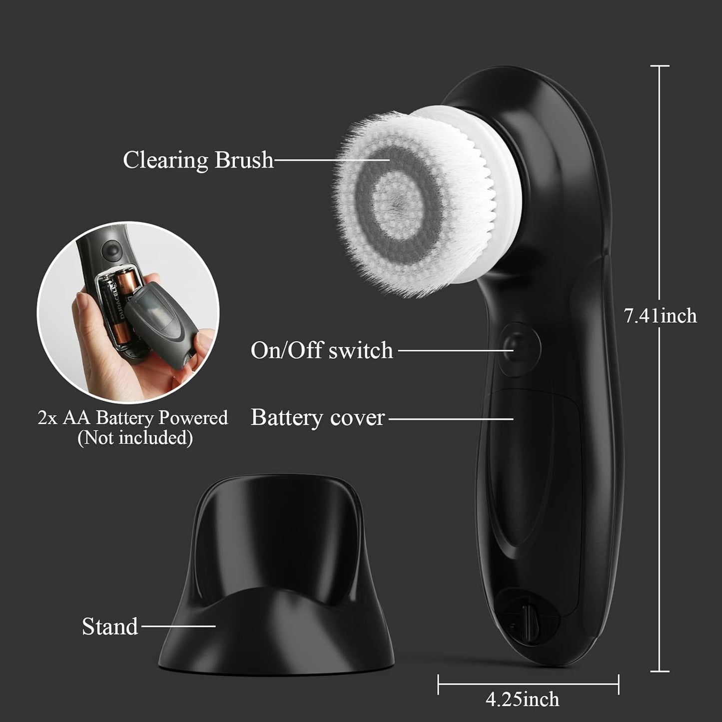TOUCHBeauty Facial Cleansing Brush Electric, Face Cleansing Brush with Stand, 3 Brush Heads, 2 Speeds, IPX5 Waterproof, Battery-Powered, Suitable for All Skin Types, AG-0759D, White