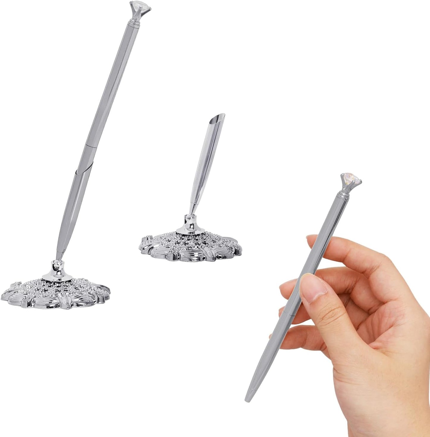 Bcxfbxd 2 Pcs Hollow Round Pen Holder with Diamond Metal Pen Stand Holder Set Signing Pen Set Signing Desk Ballpoint Pens for Guest Book Wedding Birthday Graduation Teacher Office Business (Gold)