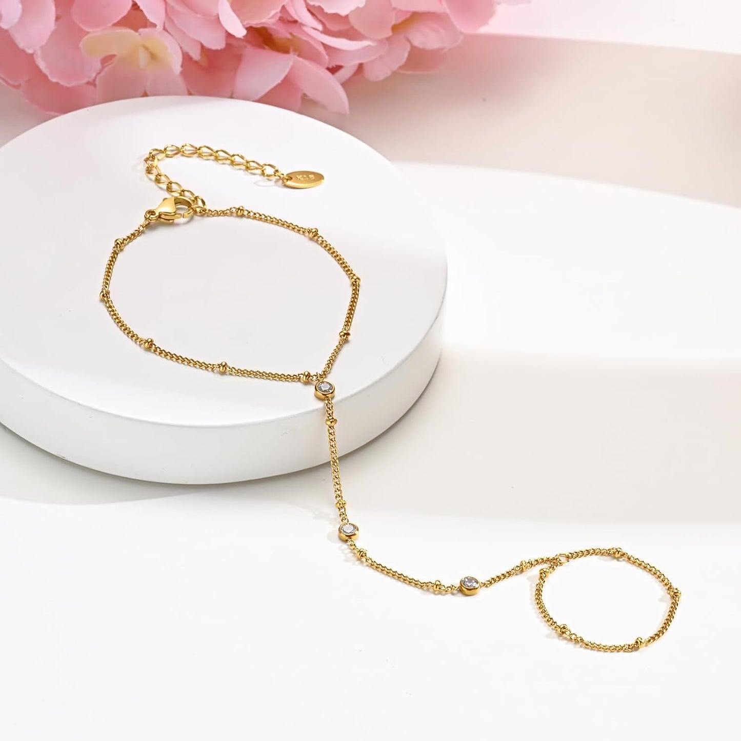 Hand Chain Ring Bracelet For Women, 14k Gold Plated Dainty Cubic Zirconia Minimalist Finger Ring Bracelet, Trendy Stuff Jewelry Gifts To Wife Girfriend Daughter Sister BBF, 17.5cm/7.5cm