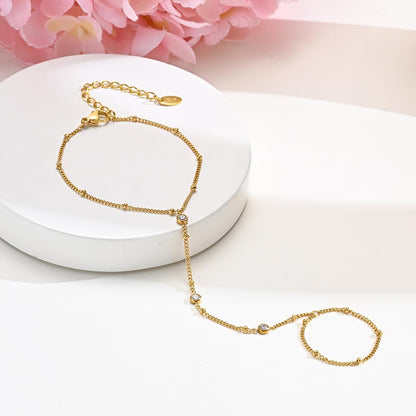 Hand Chain Ring Bracelet For Women, 14k Gold Plated Dainty Cubic Zirconia Minimalist Finger Ring Bracelet, Trendy Stuff Jewelry Gifts To Wife Girfriend Daughter Sister BBF, 17.5cm/7.5cm