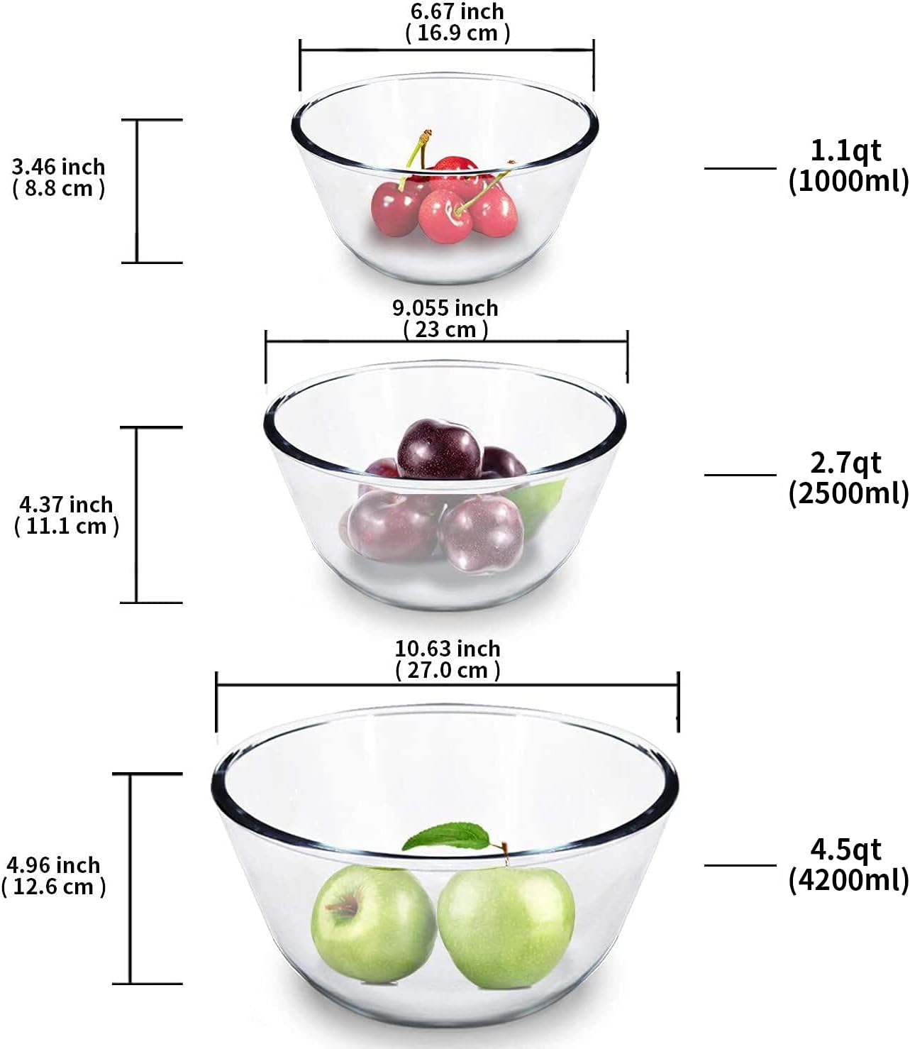 Luvan High Borosilicate Glass Mixing Salad Bowls with Lids Set of 3 (4.5QT,2.7QT,1.1QT),Large Kitchen Nesting Bowls, Great for Food Storage, Cooking, Baking, Prepping,Dishwasher and Microwave Safe