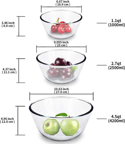 Luvan High Borosilicate Glass Mixing Salad Bowls with Lids Set of 3 (4.5QT,2.7QT,1.1QT),Large Kitchen Nesting Bowls, Great for Food Storage, Cooking, Baking, Prepping,Dishwasher and Microwave Safe