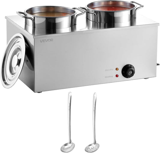 VEVOR Electric Soup Warmer, Two 6.34QT Stainless Steel Round Pot with 86~185°F Adjustable Temp, 1200W Commercial Bain Marie Compatible with Pans, Soup Station for Restaurant, Buffet - PuriLite