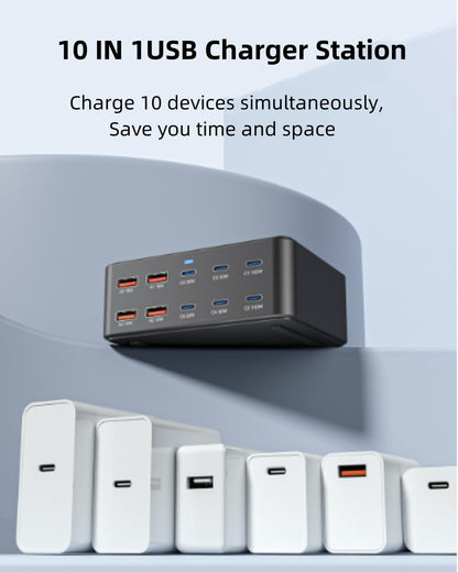 FOSION USB C Charging Station 330W, USB C Charger Charging Hub 10 Power Port for Multiple Devices with PD 100W 65W 30W QC3.0 18W Fast Charging Power Stock Station for iPhone 15, iPad Air/Pro, Galaxy