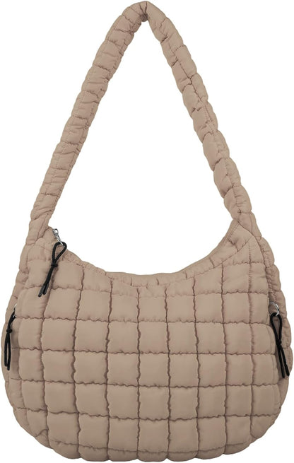 Quilted Puffer Tote Bag Large Crossbody Shoulder Bag with Zipper, Nylon Hobo Oversized Handbag