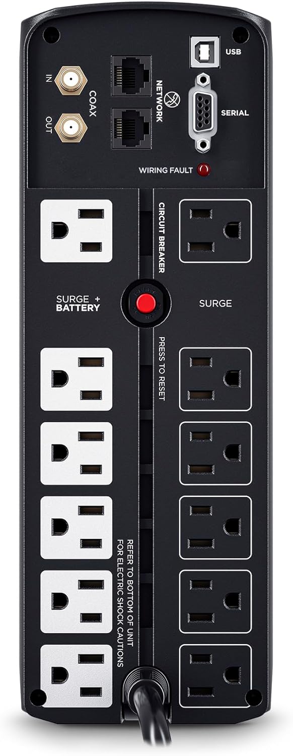 CyberPower CP1500AVRLCD3 Intelligent LCD UPS System, 1500VA/900W, 12 Outlets, 2 USB Ports, AVR, Mini Tower, Black