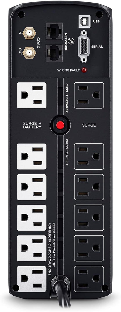 CyberPower CP1500AVRLCD3 Intelligent LCD UPS System, 1500VA/900W, 12 Outlets, 2 USB Ports, AVR, Mini Tower, Black