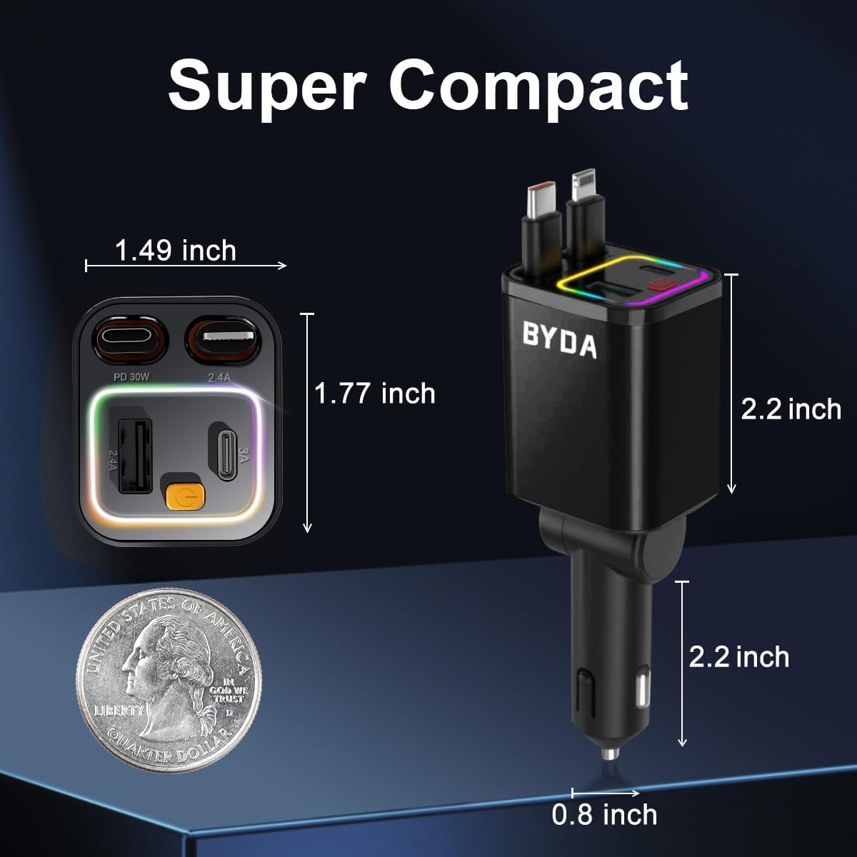 4 in 1 Retractable Car Charger,69W Fast Charging USB C for iPhone 16/15/14/13/12,iPad,Android,Galaxy,Pixel,Cigarette Lighter Adapter (Light-ning+USB-C)
