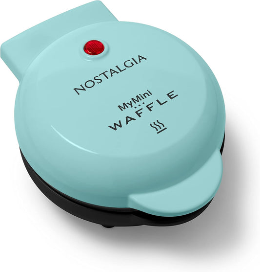 Nostalgia MyMini Personal Electric Waffle Maker, 5-Inch Cooking Surface, Waffle Iron for Hash Browns, French Toast, Grilled Cheese, Quesadilla, Brownies, Cookies, Aqua