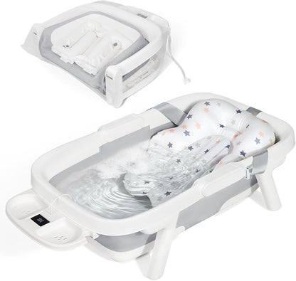 Orzbow Collapsible Baby Bathtub with Cushion & Thermometer, Large Size,Gray