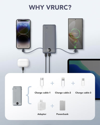 Portable Charger Built-in Cables and AC Wall Plug, VRURC USB C Power Bank 10000mAh, [2025 Upgraded Version] Phone Charger Compact Lightweight External Battery Pack for Smart Phones,Navy Blue