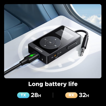 UGREEN Airplane Bluetooth 5.3 Transmitter Receiver for 2 Airpods, AptX Adaptive/HD Audio 3.5m Aux Bluetooth Adapter for Airplane TV Wireless Headphones, Travel Essentials for Flying