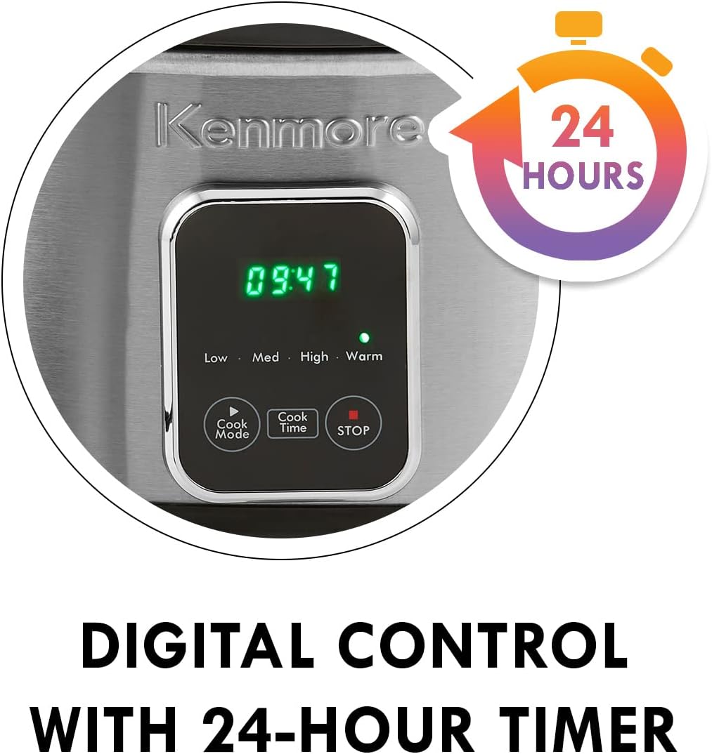 Kenmore 7 Quart Slow Cooker - Programmable Crock Pot with Dipper, Stainless Steel Electric Cookers, Warm Rice & Sous Vide Stew Soup for Lunch, Dishwasher Safe Non-Stick Ceramic Insert, Digital Control