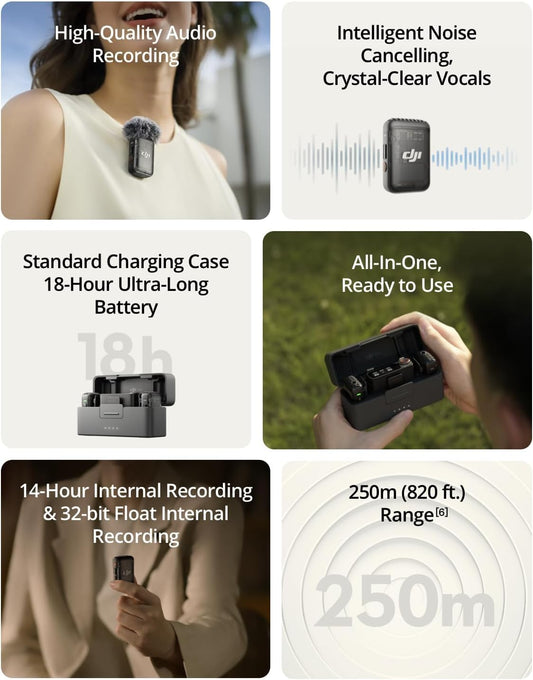 DJI Mic 2 (2 TX + 1 RX + Charging Case), Wireless Lavalier Microphone, Intelligent Noise Cancelling, 32-bit Float Internal Recording, 820 ft.(250m) Range, Microphone for iPhone, Android, Camera - PuriLite