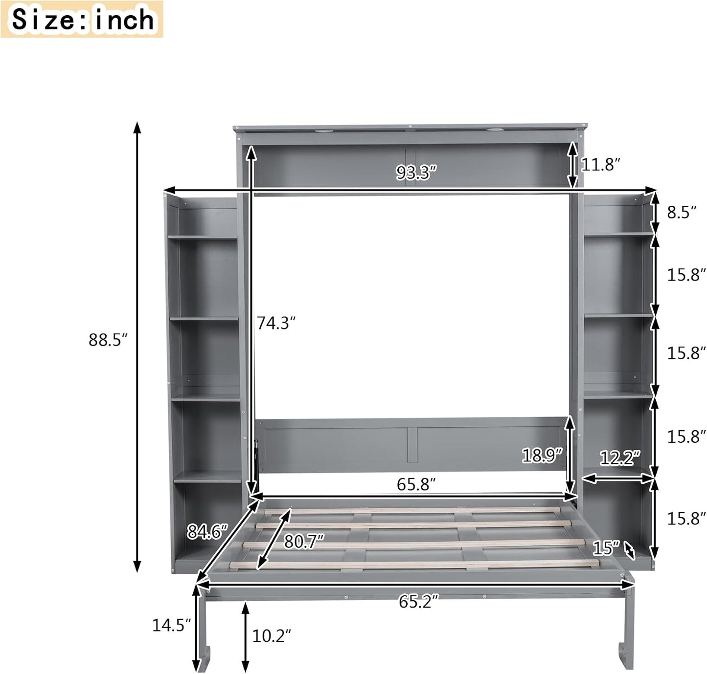 Merax Queen Size Murphy Bed with 2 Five-Layer Cabinet, Wall Bed with Shelves and Lights, Foldable Platform Bed Folded into Cabinet for Guest Room, Home and Office (Gray)