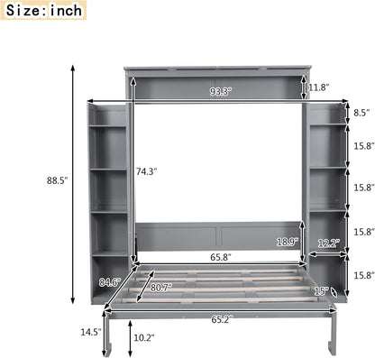 Merax Queen Size Murphy Bed with 2 Five-Layer Cabinet, Wall Bed with Shelves and Lights, Foldable Platform Bed Folded into Cabinet for Guest Room, Home and Office (Gray)