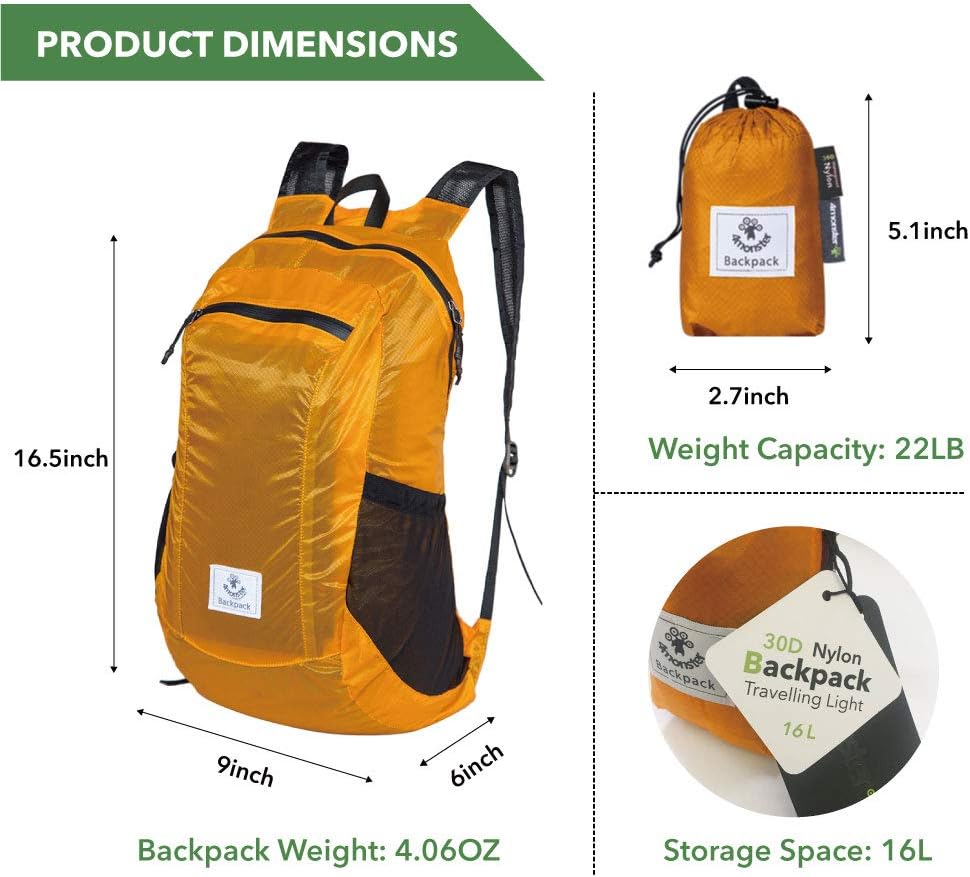 4Monster Hiking Daypack,Water Resistant Lightweight Packable Backpack for Travel Camping Outdoor