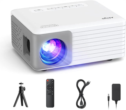 Mini Projector with Projector Stand, 1080P Full HD Supported Portable Projector, AKIYO Phone Projector for Home Theater, Movie, Outdoor, Compatible with iOS/Android/HDMI/USB/TV Stick/PC