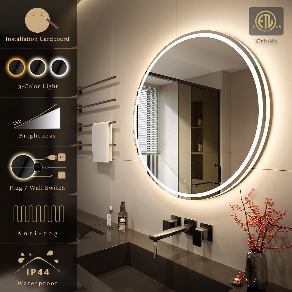 KWW Round Mirror Bathroom LED Lighted Mirror, Illuminated Dimmable Anti-Fog Wall-Mounted Makeup Vanity Mirror with Lights (24L x 24W inches)