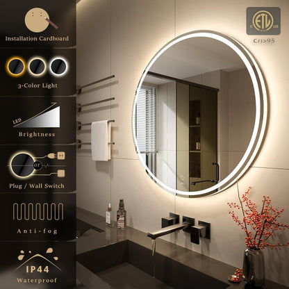 KWW Round Mirror Bathroom LED Lighted Mirror, Illuminated Dimmable Anti-Fog Wall-Mounted Makeup Vanity Mirror with Lights (24L x 24W inches)
