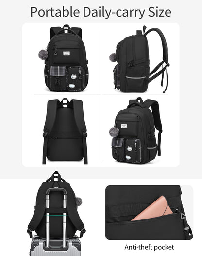 VANKANY School Backpack for Teen Girls, College Women Student Laptop Backpack Aesthetic Bookbags for Elementary Middle High School Travel Sac a Dos Femme, Black
