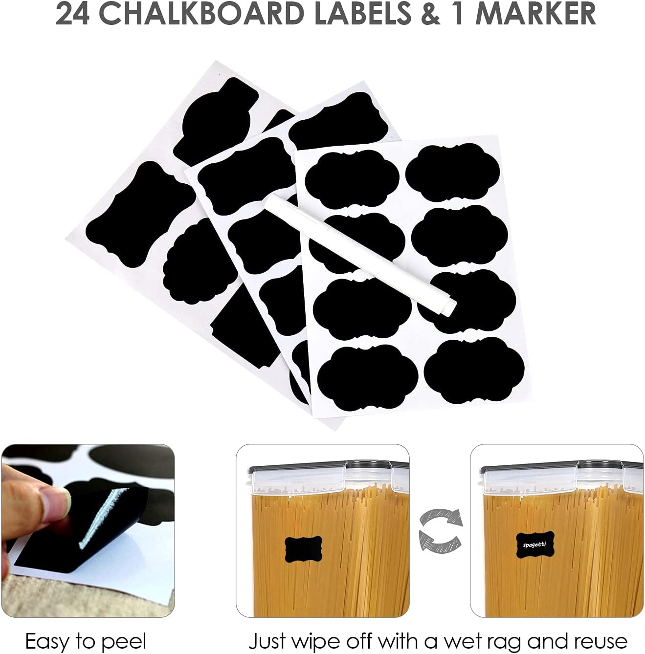 Vtopmart Extra Large Tall Airtight Food Storage Containers, 4 Pieces 6.5L Plastic Kitchen Pantry Storage Containers for Spaghetti, Flour and Baking Supplies - Include 24 Labels, Black