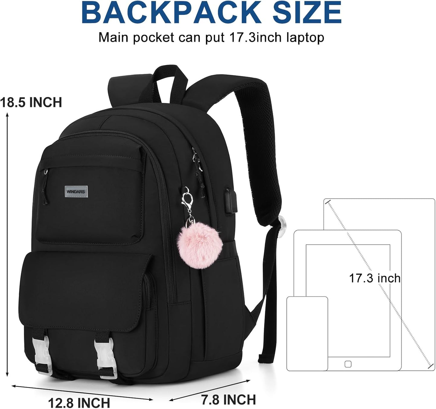 WINDARS Backpacks for Girls, 15.6 Inch School Bag Cute Waterproof laptop Bookbag Large College Backpack for Teen Women Students Anti Theft Travel Daypack Black