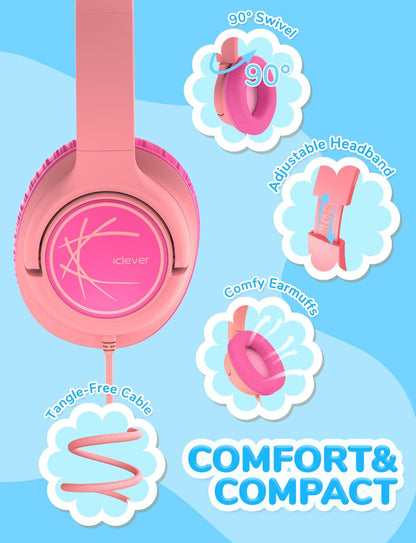 iClever Kids Headphones with Cord, 85dBA Safe Volume Wired Headphones for Kids, Stereo Sound Foldable Adjustable, 3.5mm Jack, Over Ear for School/Boys/Girls/iPad/Tablet/Travel, Blue