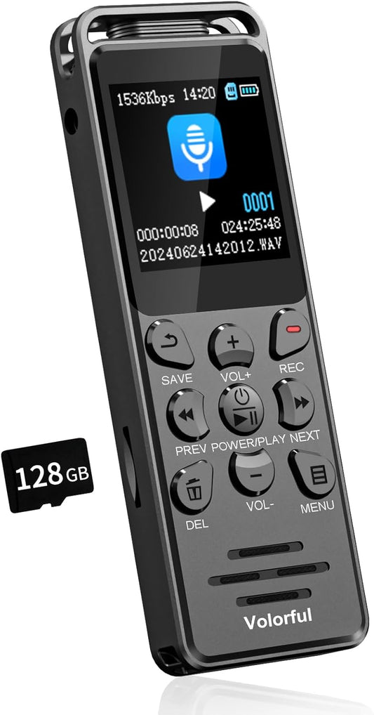 144GB Digital Voice Recorder 70H 1,44" Audio Tape Recorder Dictaphone, Volorful Voice Activated Recorder with Playback, USB-C Handheld Portable Sound Recorder for Class Lecture Meeting Students