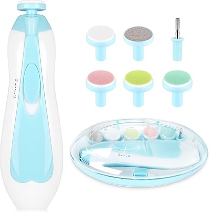 Qunlions life Electric Nail File Drill for Baby, No Sharp Claws Hurt, 6 in 1 Safety Cutter Trimmer Clipper for Toes and Fingers (Blue)
