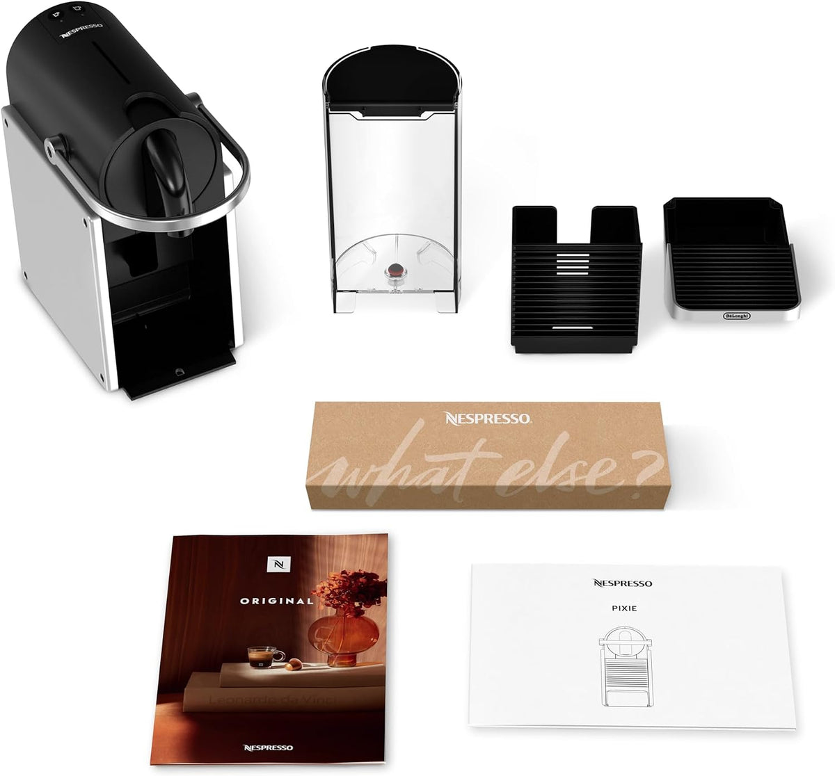 Nespresso Pixie Single Serve Pod Espresso Machine Aluminum By De'Longhi. Compact espresso machine, 19-bar pressure, fast heat-up, 2 cup sizes, brews the full range of espressos.