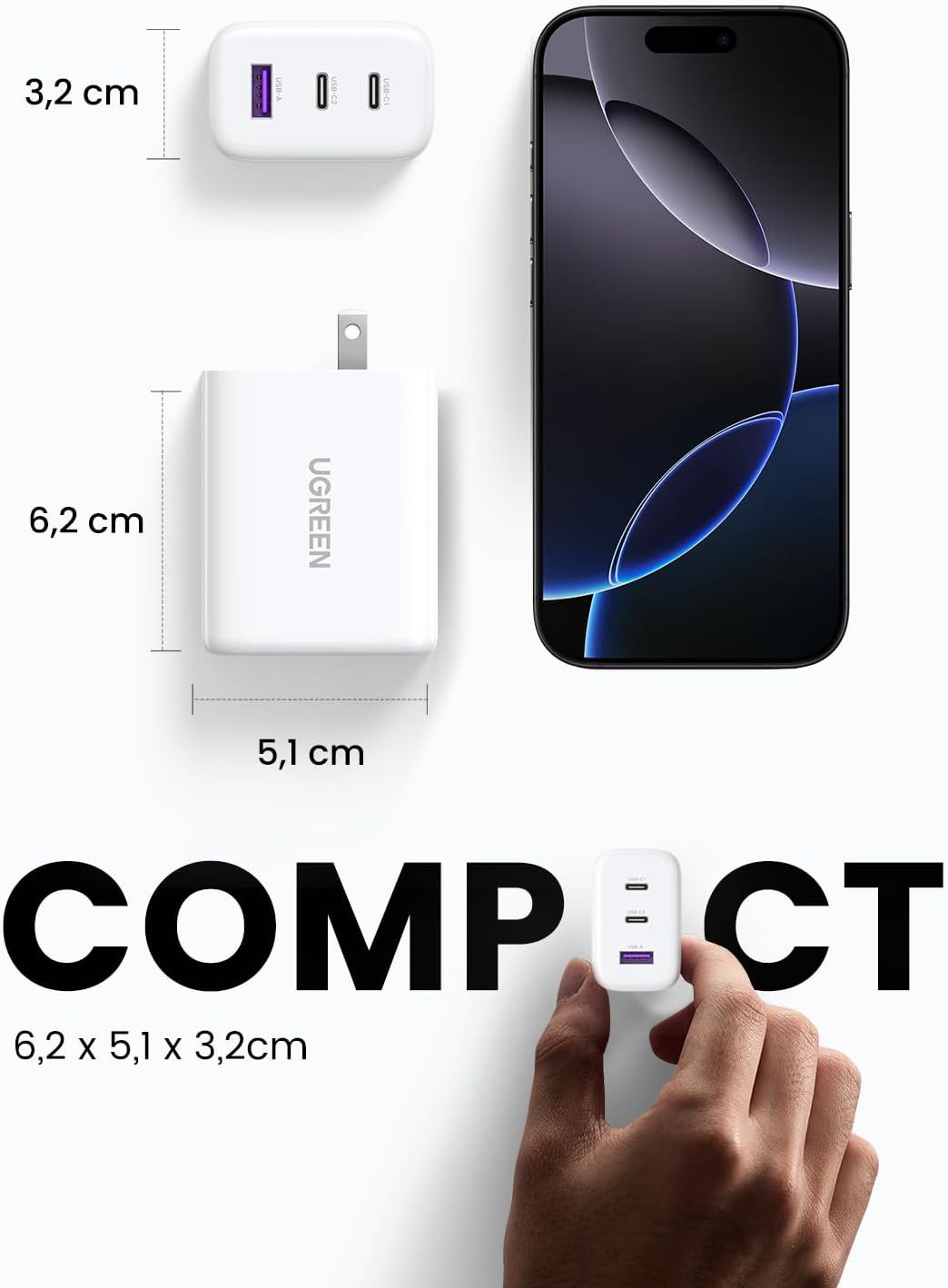 UGREEN 65W USB Type C Wall Charger 3-Port Block Fast PPS Compatible with MacBook Pro/Air, iPad Pro/Air, iPhone 16/15/14/13/12 Pro Max, Galaxy S25 S24 S23, S22, Steam Deck and More