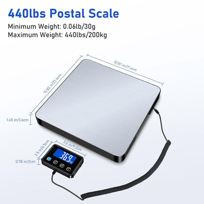 RAOYAN Shipping Scale, 440lb/0.5oz High Accuracy Digital Postal Scale with LCD Display, Hold/Tare Function, Shipping Scale for Package, Luggage, Warehouse (Including 2 Batteries, Charging Cable)