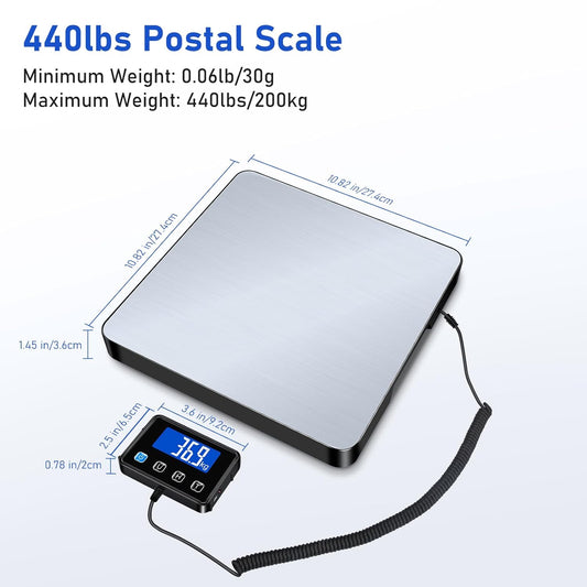 RAOYAN Shipping Scale, 440lb/0.5oz High Accuracy Digital Postal Scale with LCD Display, Hold/Tare Function, Shipping Scale for Package, Luggage, Warehouse (Including 2 Batteries, Charging Cable) - PuriLite