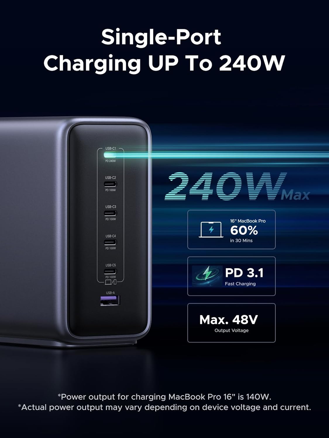 UGREEN Nexode 500W GaN Fast Charging Station 240W Single Port, 6 Ports USB-C and USB-A, Smart Temperature Control, Space-Saving Design, for MacBook, XPS, Laptop, Phone, and More