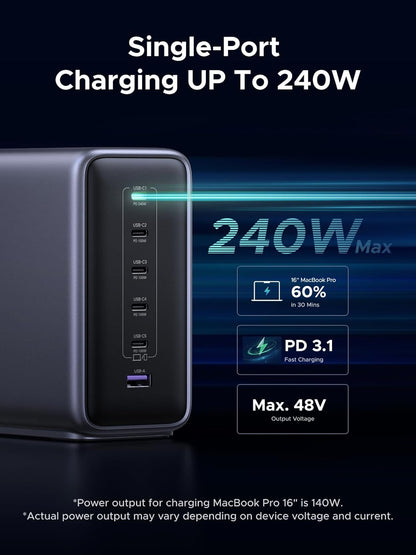 UGREEN Nexode 500W GaN Fast Charging Station 240W Single Port, 6 Ports USB-C and USB-A, Smart Temperature Control, Space-Saving Design, for MacBook, XPS, Laptop, Phone, and More