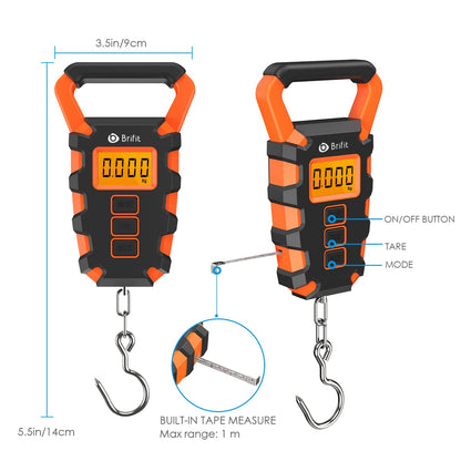 Upgraded Digital Fishing Scale with Ruler, 15g/50kg Electronic Digital Luggage Scale, 110lb Max Fishing Postal Hanging Hook Scale with Measuring Tape, Backlit LCD Display (Batteries Included)