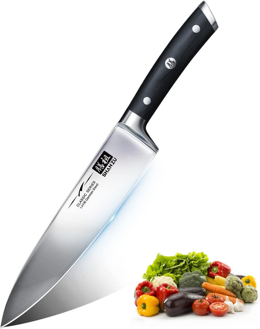 Chef Knife,SHAN ZU Pro Kitchen Knife 8 Inch High Carbon German Stainless Steel Cooking Knife with Ergonomic Handle and Sheath, Rust Free and Wear Resistant, Perfect for Kitchen Home Restaurant