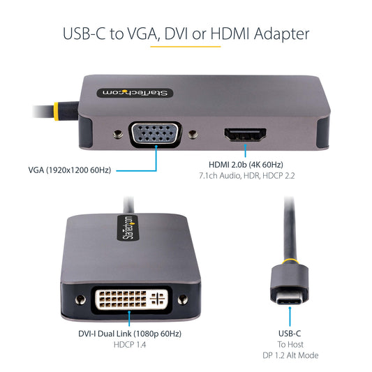 USB C Video Adapter, USB C to HDMI DVI VGA Adapter, Up to 4K 60Hz, Aluminum, Multiport Video Display Adapter, Thunderbolt 3 / 4 Compatible, USB Type C Travel Adapter - PuriLite