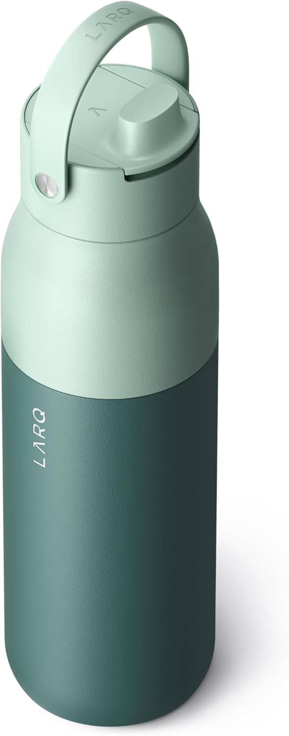 LARQ 34oz Swig Top Stainless Steel Water Bottle – Insulated Wide Mouth, BPA-Free, Leakproof with Built-In Handle, Keeps Drinks Cold 24 Hours, Reusable Bottle for Sports, Gym, and Travel, Eucalyptus Green - PuriLite